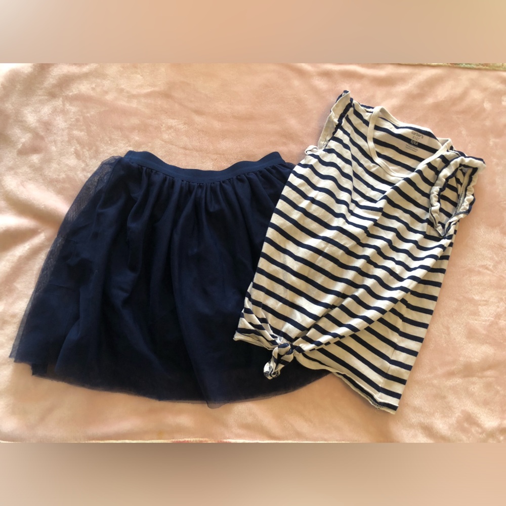 Girls Size 8 Outfit : 1 Navy Blue Skort 1 Navy White Striped Top